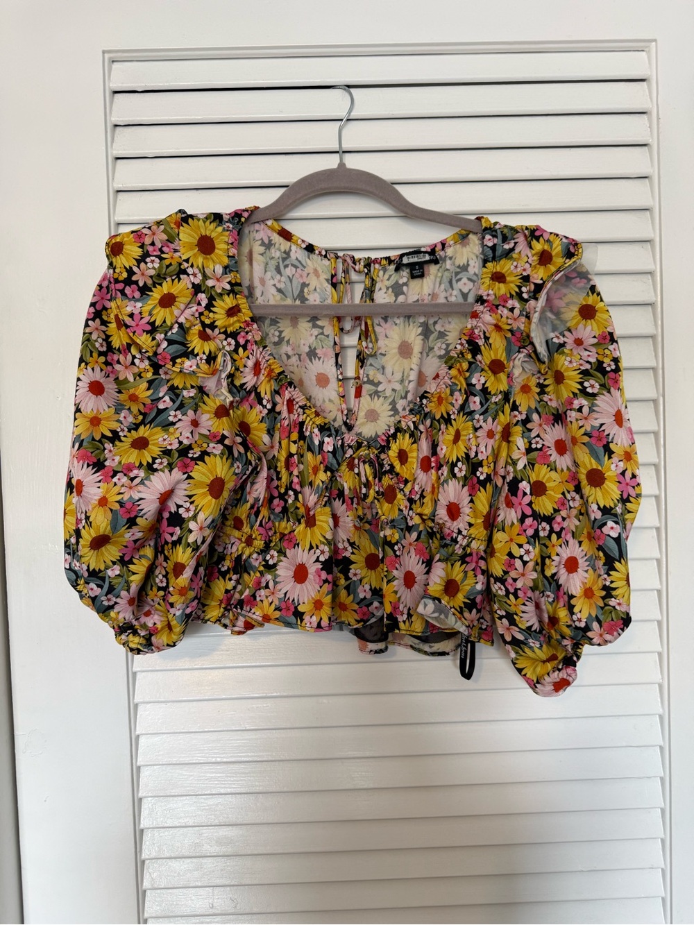 For Love & Lemons Yellow Multi Floral Puff-Sleeve Crop Top